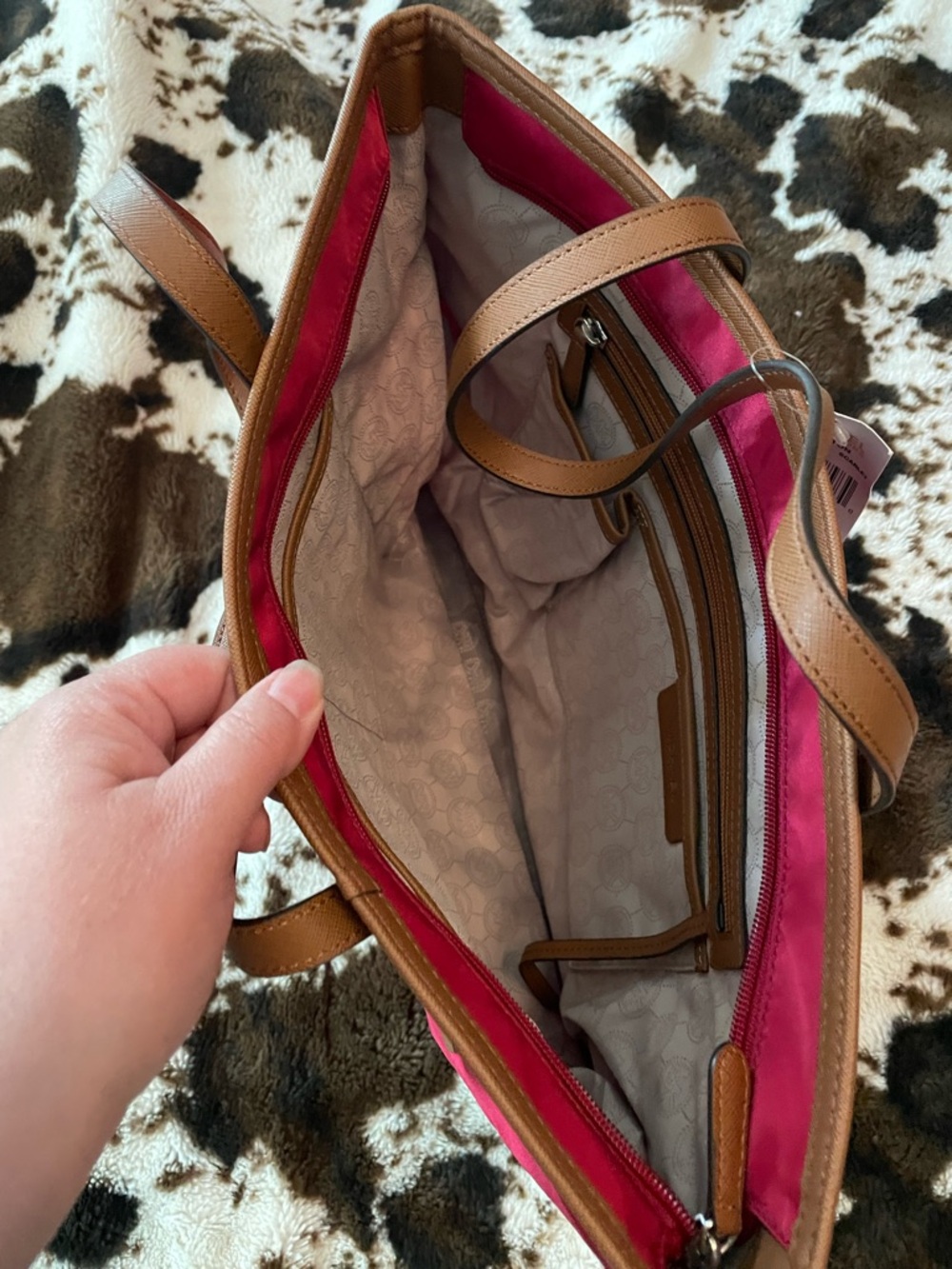 Michael Kors Red Tote with Brown Trim and Zip Pocket - Picture 7 of 8